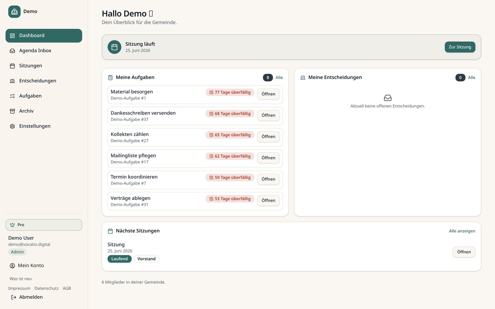 Vocatio Dashboard mit offenen Aufgaben, laufender Sitzung und nächsten Terminen